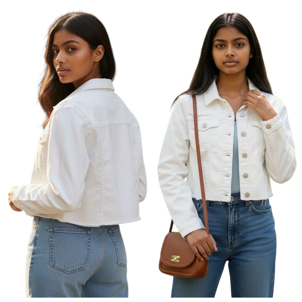 2 for $25 I&M Jeans Cropped Denim Jacket L White Raw Hem Clean Girl Layering